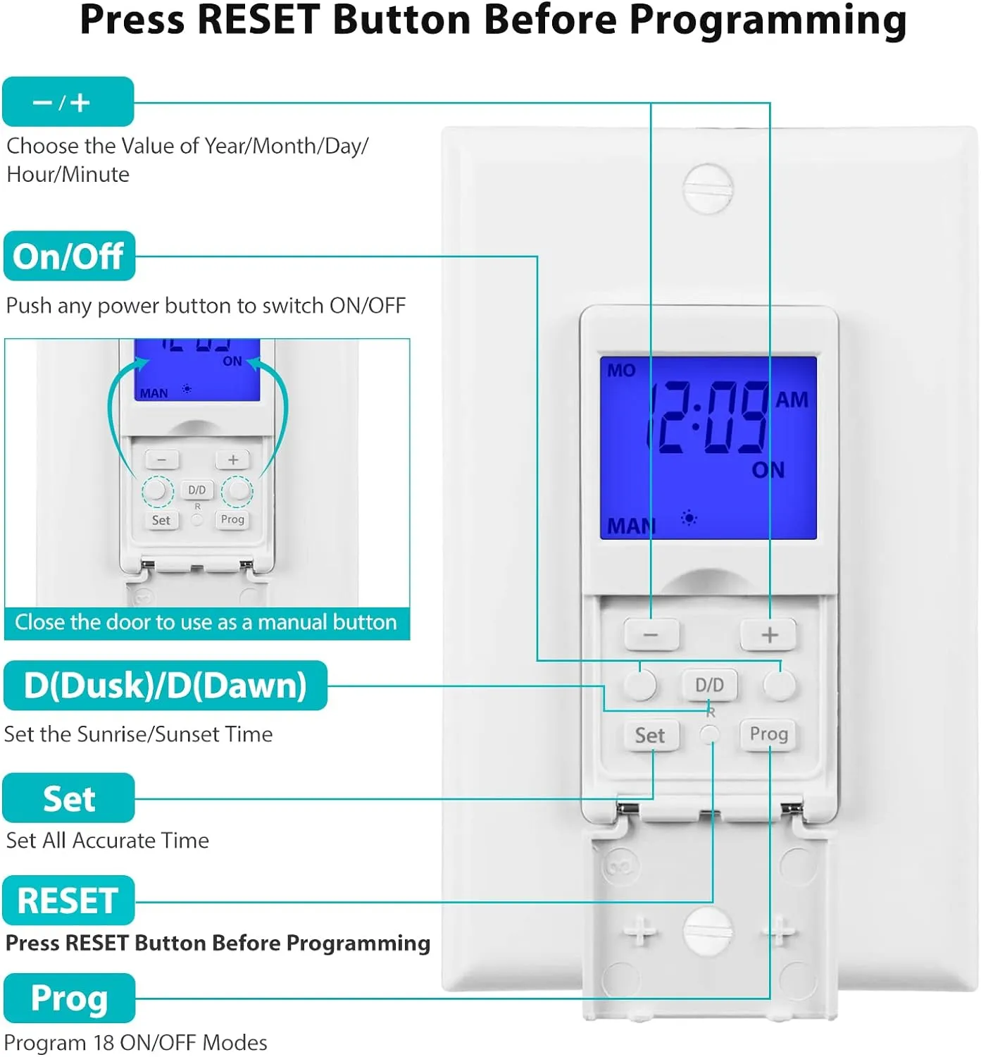 7 Day Programmable Astronomical in-Wall Timer Switch Neutral Wire Required Bn-link