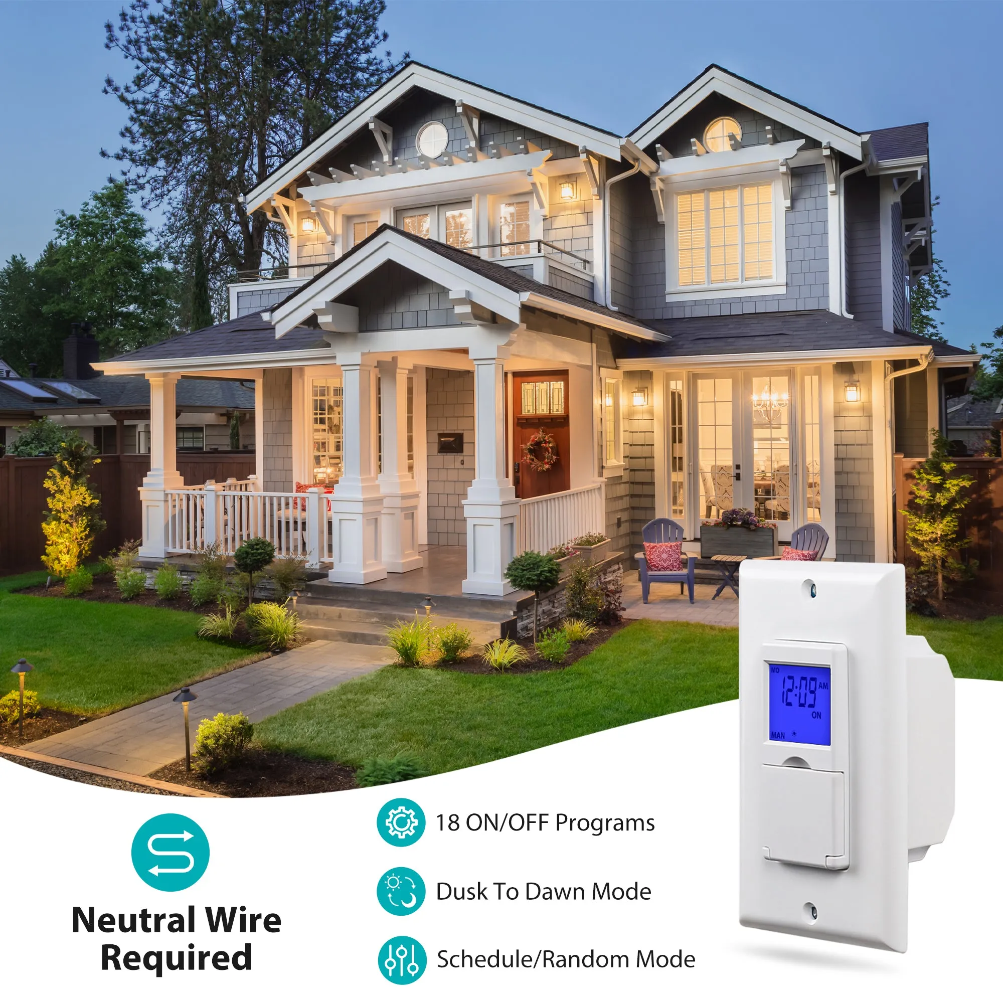 7 Day Programmable Astronomical in-Wall Timer Switch Neutral Wire Required Bn-link