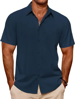 COOFANDY Mens Casual Short Sleeve Shirts Summer Beach Shirt Button Down Textured Shirts Vacation Hawaiian Shirts