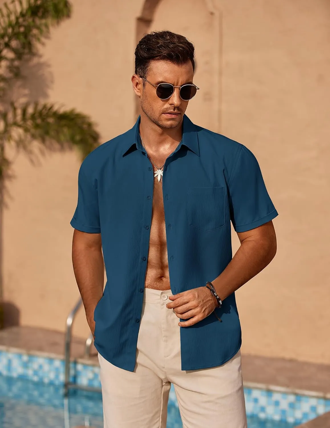 COOFANDY Mens Casual Short Sleeve Shirts Summer Beach Shirt Button Down Textured Shirts Vacation Hawaiian Shirts