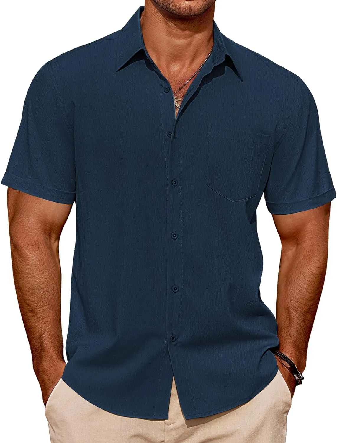 COOFANDY Mens Casual Short Sleeve Shirts Summer Beach Shirt Button Down Textured Shirts Vacation Hawaiian Shirts