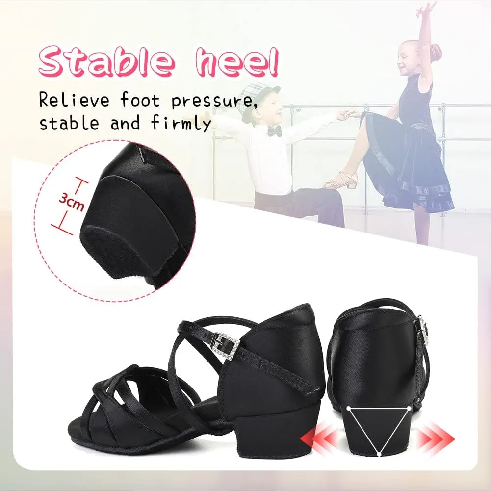 HIPPOSEUS Girls Latin Dance Shoes Silk Satin Ballroom Salsa Dance Practice Performance Shoes Suede Sole