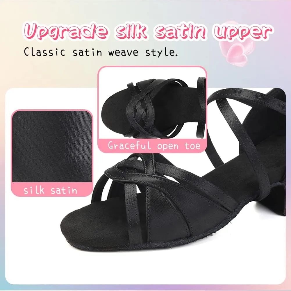 HIPPOSEUS Girls Latin Dance Shoes Silk Satin Ballroom Salsa Dance Practice Performance Shoes Suede Sole