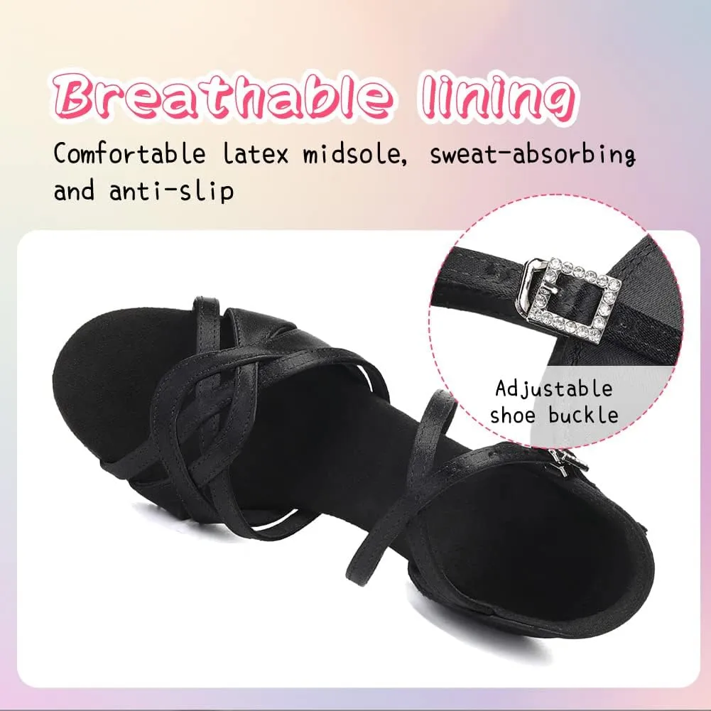 HIPPOSEUS Girls Latin Dance Shoes Silk Satin Ballroom Salsa Dance Practice Performance Shoes Suede Sole