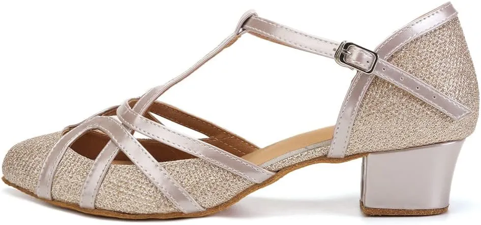 HIPPOSEUS Women's Latin Dance Shoes Champagne Closed Toe Sparkle Low Heel Ballroom Salsa Tango Dance Performance Shoes,Model 2040