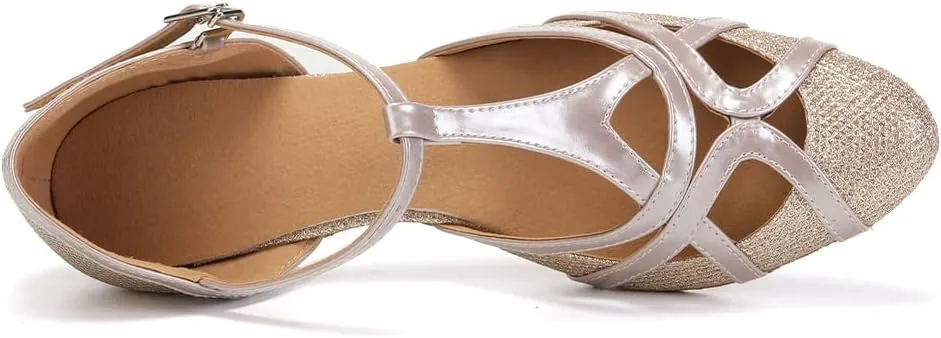 HIPPOSEUS Women's Latin Dance Shoes Champagne Closed Toe Sparkle Low Heel Ballroom Salsa Tango Dance Performance Shoes,Model 2040