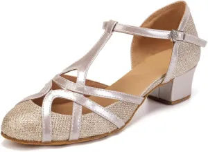 HIPPOSEUS Women's Latin Dance Shoes Champagne Closed Toe Sparkle Low Heel Ballroom Salsa Tango Dance Performance Shoes,Model 2040