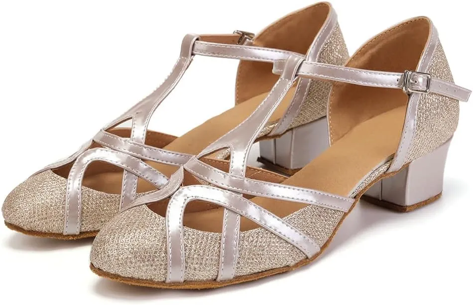 HIPPOSEUS Women's Latin Dance Shoes Champagne Closed Toe Sparkle Low Heel Ballroom Salsa Tango Dance Performance Shoes,Model 2040