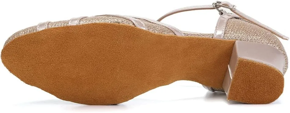 HIPPOSEUS Women's Latin Dance Shoes Champagne Closed Toe Sparkle Low Heel Ballroom Salsa Tango Dance Performance Shoes,Model 2040