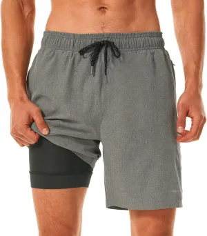 HODOSPORTS Mens Swimsuit Trunks 7" Quick-Dry Swim Shorts with Compression Liner and Zipper Pockets