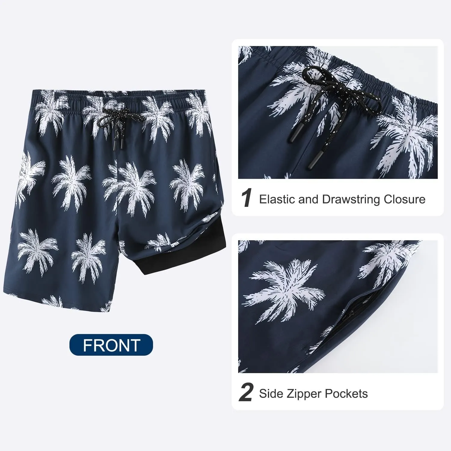 HODOSPORTS Mens Swimsuit Trunks 7" Quick-Dry Swim Shorts with Compression Liner and Zipper Pockets