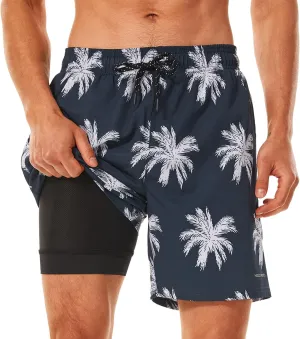 HODOSPORTS Mens Swimsuit Trunks 7" Quick-Dry Swim Shorts with Compression Liner and Zipper Pockets