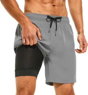 HODOSPORTS Mens Swimsuit Trunks 7" Quick-Dry Swim Shorts with Compression Liner and Zipper Pockets