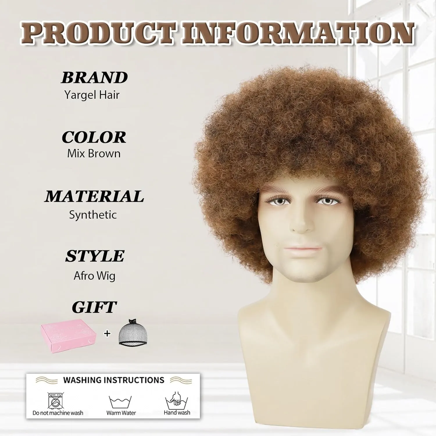 Mens Afro Wig for Costume 80's Painter Brown Afro Wig for Cosplay Daily and Disco Party