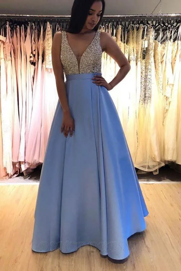 Modest V-neck Sleeveless Floor-Length Blue Prom Dress with Beading PSK081