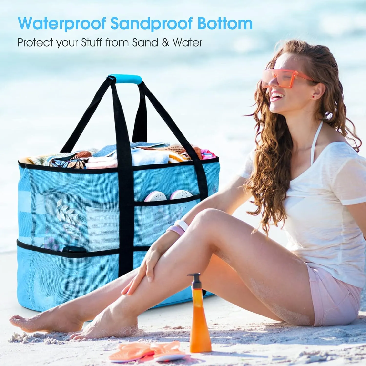 oscaurt Mesh Beach Bag Extra Large Waterproof Sandproof Beach Tote Pool Swim Bag Travel Vacation Essentials