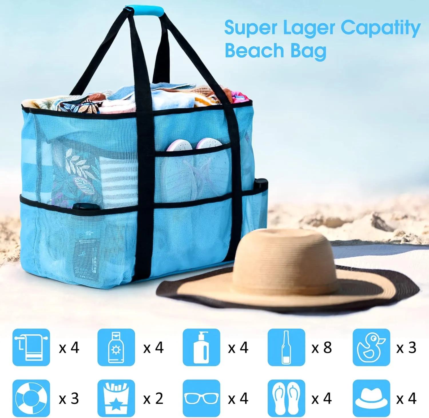 oscaurt Mesh Beach Bag Extra Large Waterproof Sandproof Beach Tote Pool Swim Bag Travel Vacation Essentials