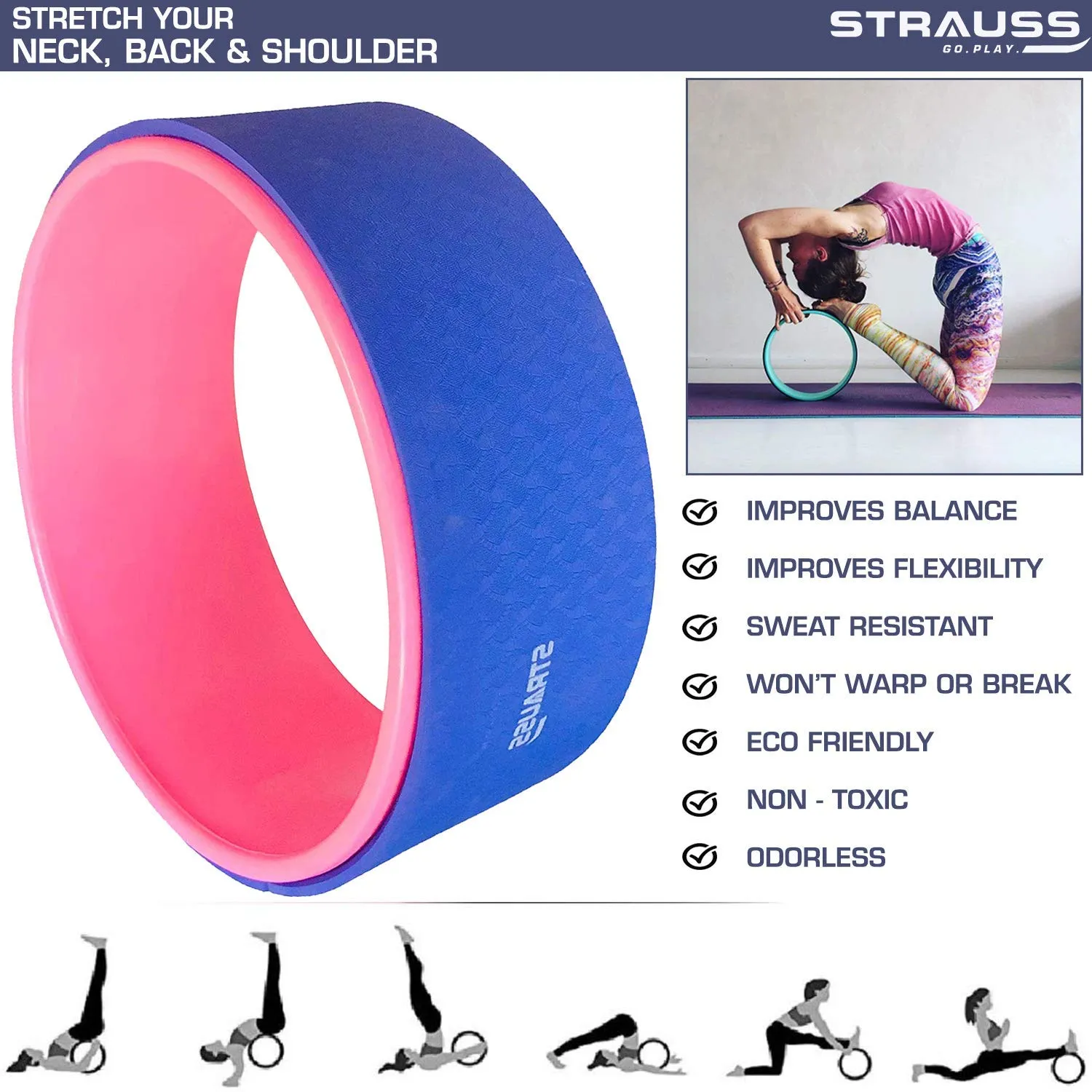 Strauss ST-1442 Grid Foam Roller (Pink), 33 CM and Yoga Wheel, (Blue)