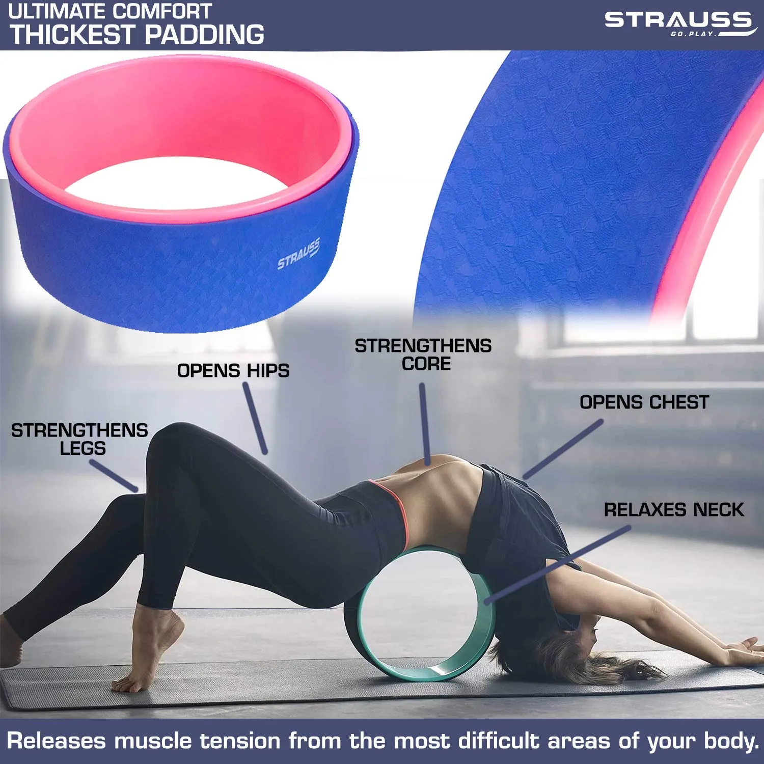Strauss ST-1442 Grid Foam Roller (Pink), 33 CM and Yoga Wheel, (Blue)