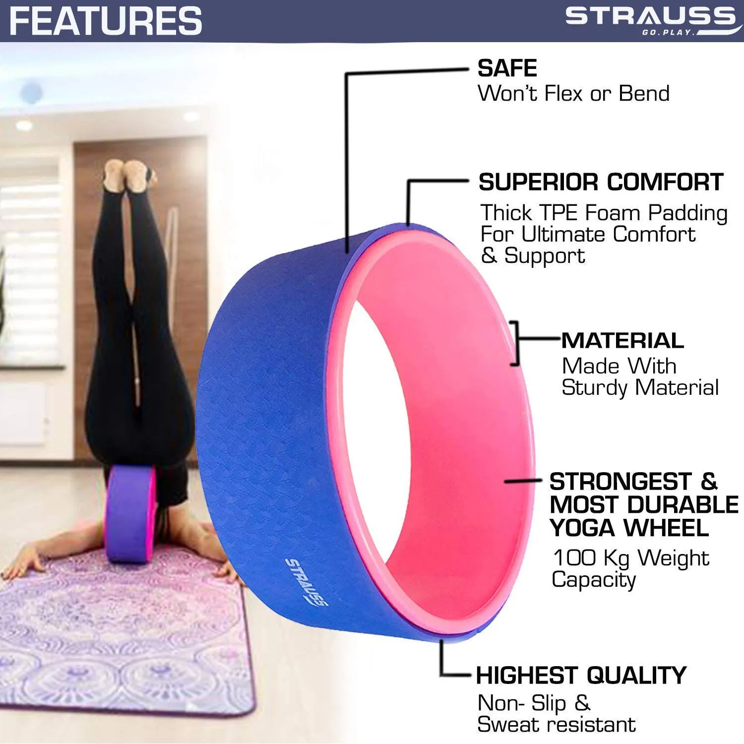 Strauss ST-1442 Grid Foam Roller (Pink), 33 CM and Yoga Wheel, (Blue)