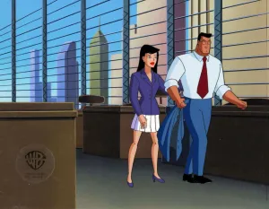 Superman the Animated Series Original Production Cel on Original Background: Clark Kent and Lois Lane