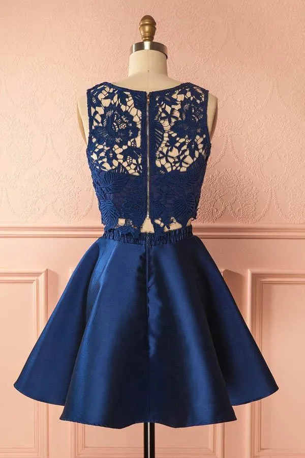Two Piece Dark Blue Satin Homecoming Dress with Lace Appliques PG157