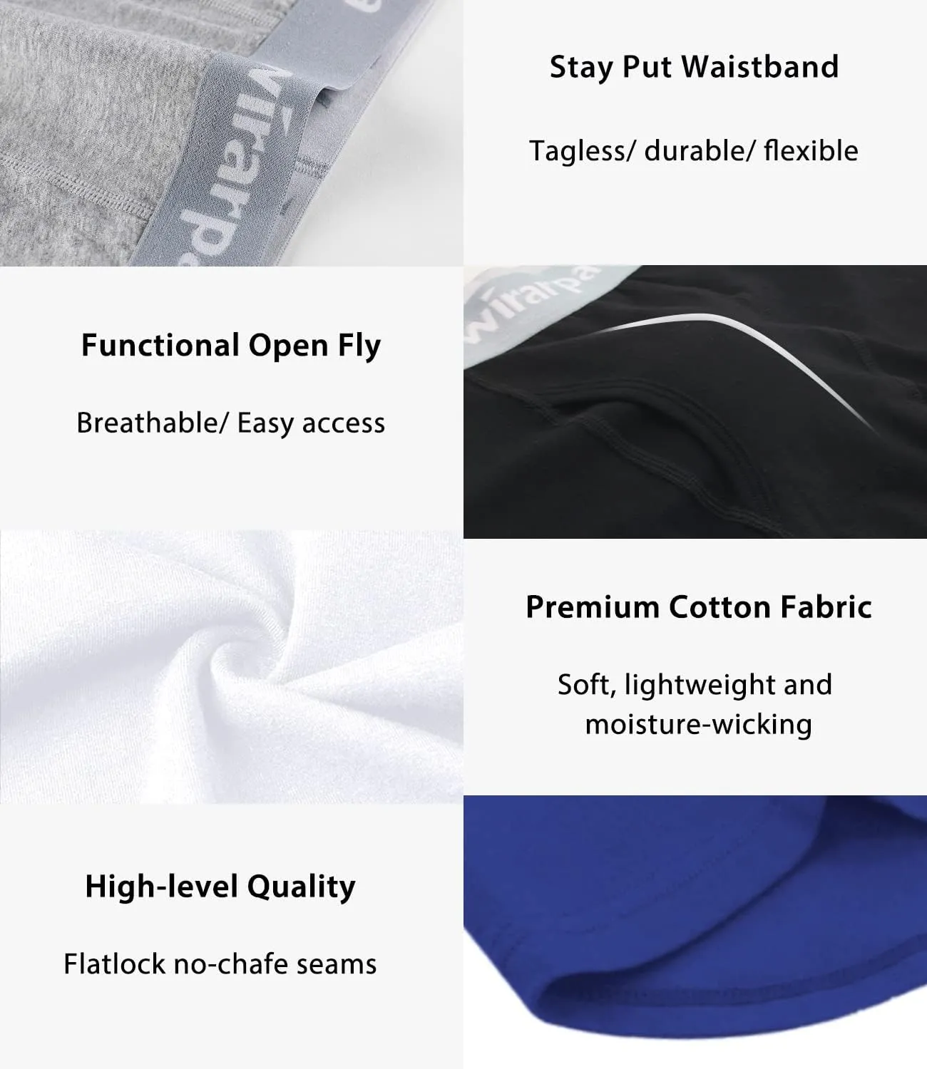 wirarpa Men's Boxer Briefs Cotton Stretch Underwear Open Fly Tagless Underpants Regular Leg 4 Pack