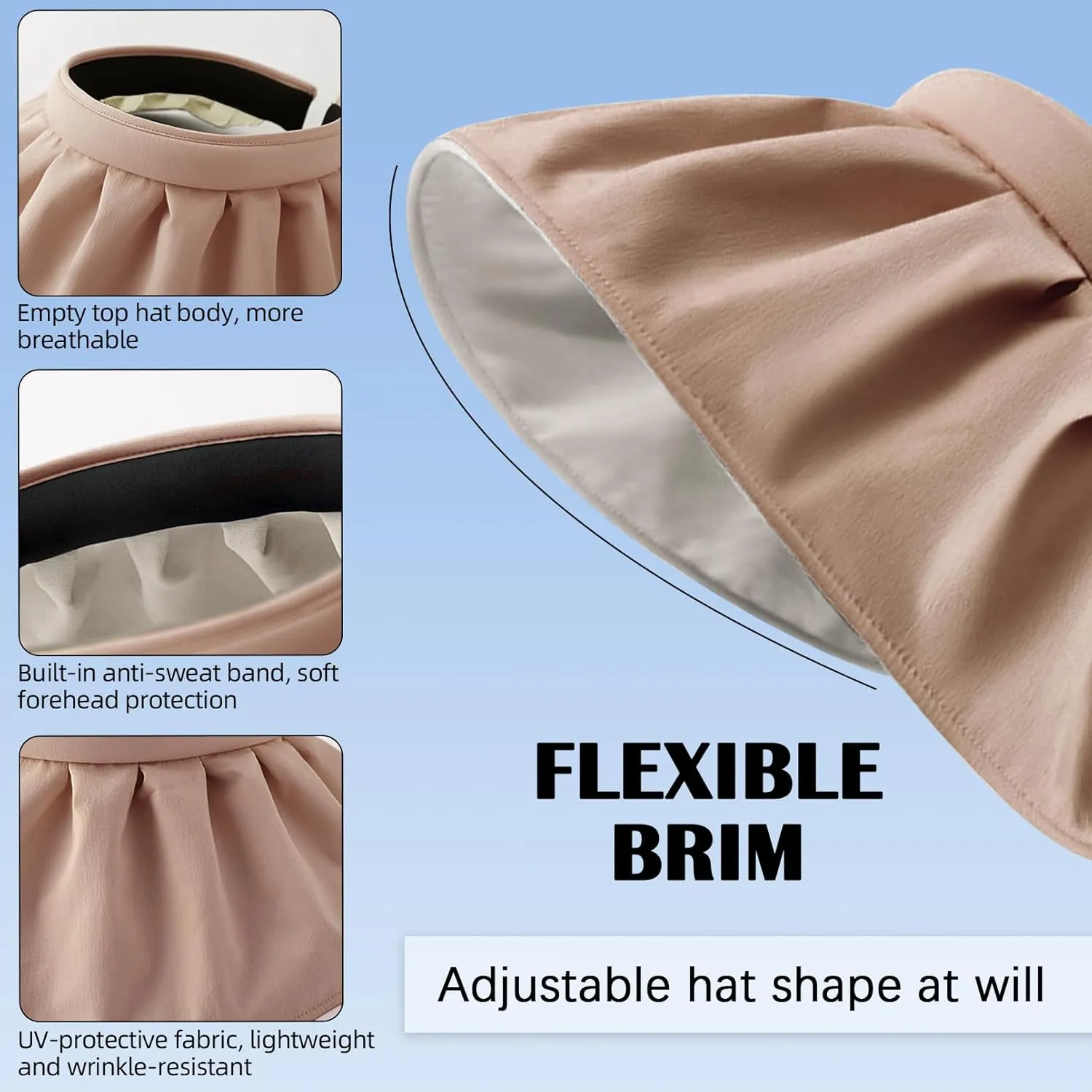 Womens Visors,Clip On Foldable Wide Brim Womens Golf Visor,Roll-up Headband Sun Hat with UV Protection