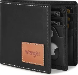 Wrangler Men's Wallet with AirTag Holder, Bifold RFID Blocking Genuine Leather Wallet
