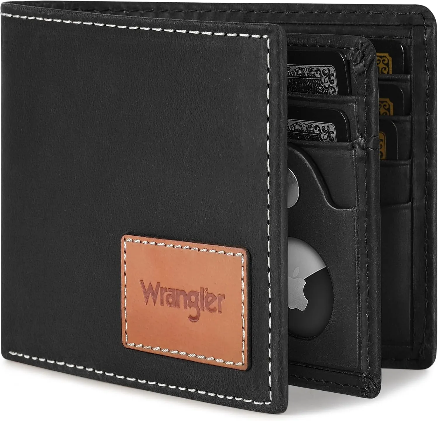Wrangler Men's Wallet with AirTag Holder, Bifold RFID Blocking Genuine Leather Wallet